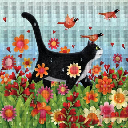 Black Cat With Flowers And Grass - 11CT Stamped Cross Stitch 50*50CM