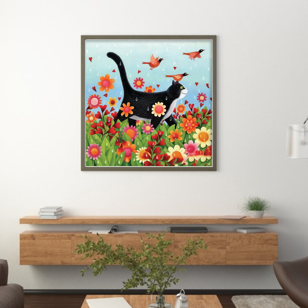 Black Cat With Flowers And Grass - 11CT Stamped Cross Stitch 50*50CM