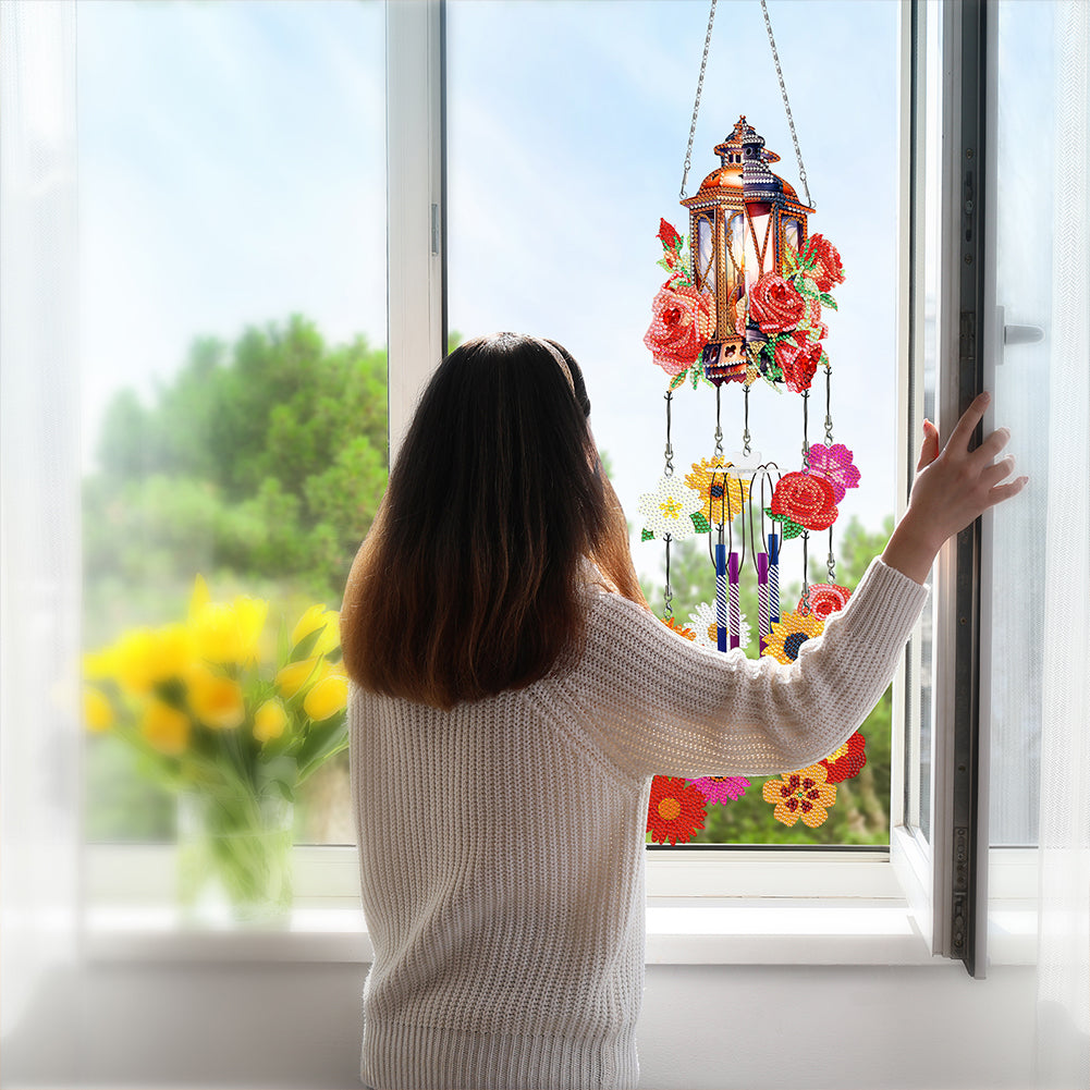 Double Side Wind Chime Diamond Art Hanging Pendant for Home Decor (Rose Lantern)