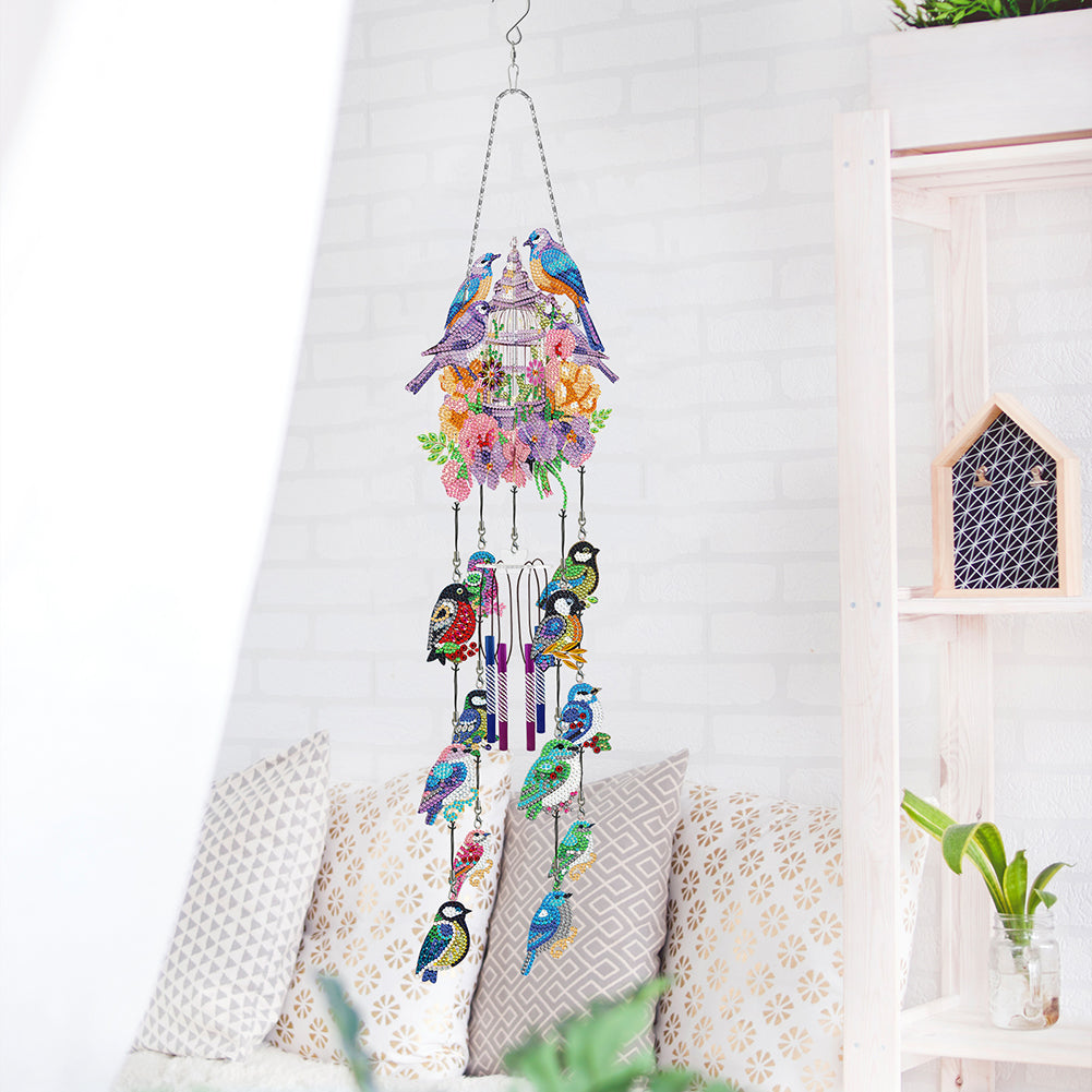 Double Side Wind Chime Diamond Art Hanging Pendant for Home Decor (Flower Bird)