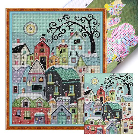 Snowy Street Scene - 14CT Stamped Cross Stitch 40*48CM(Joy Sunday)