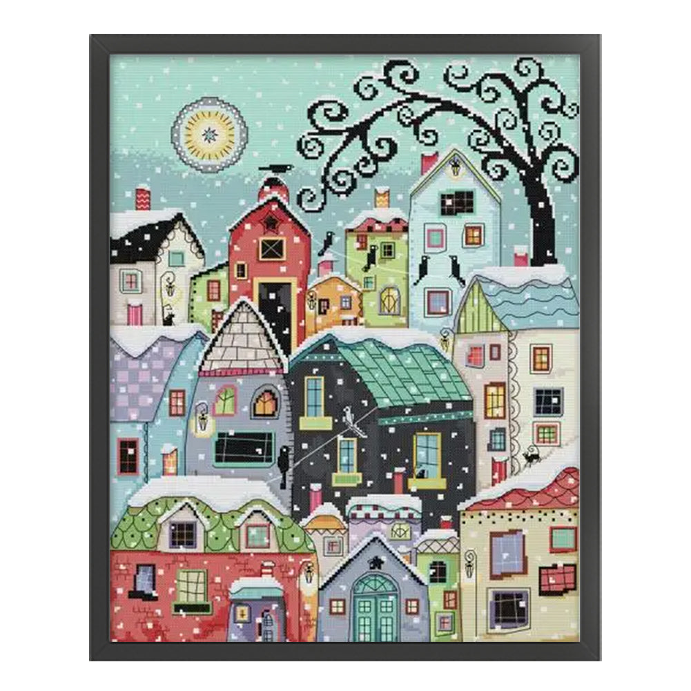 Snowy Street Scene - 14CT Stamped Cross Stitch 40*48CM(Joy Sunday)