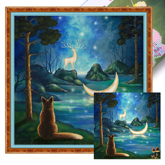 Cat Under The Moonlight - 11CT Stamped Cross Stitch 45*45CM