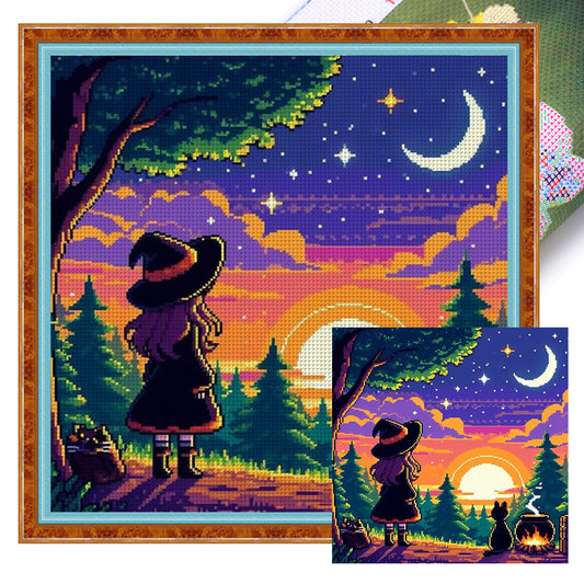 Witch And Cat In The Moonlight - 11CT Stamped Cross Stitch 45*45CM