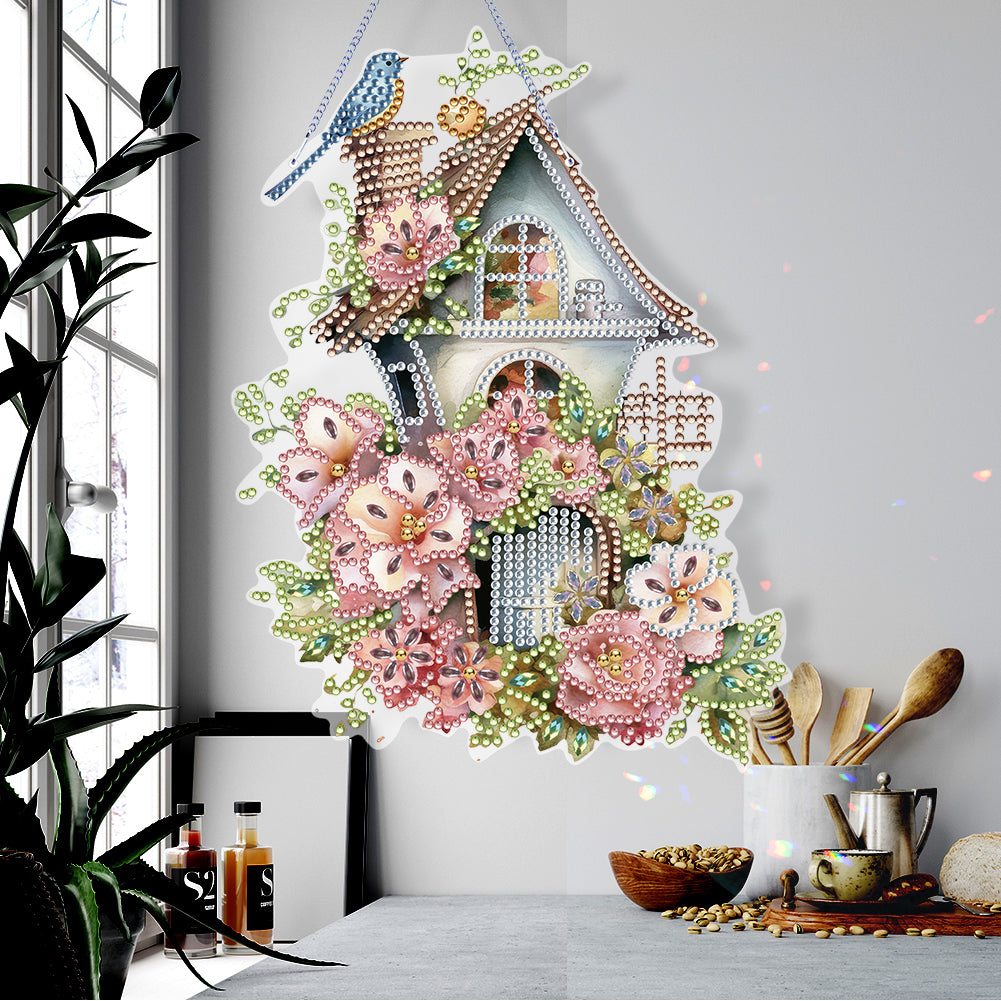 Acrylic Single Side Flower Birdcage Diamond Painting Hanging Pendant (GJ494)