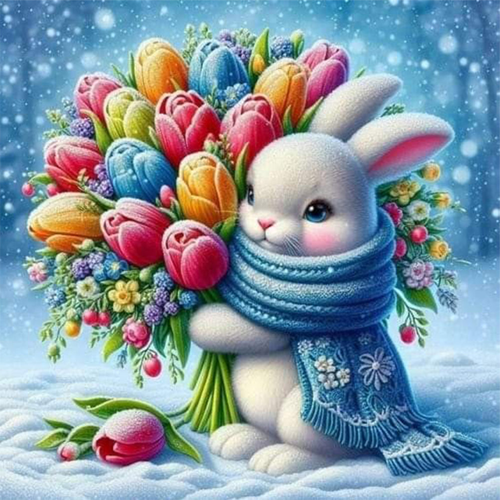 Bunny Holding Flowers In The Snow - Full Round Drill Diamond Painting 30*30CM