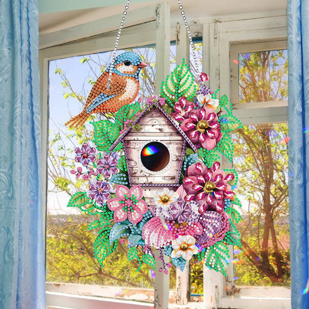 Single Side 5D Diamond Painting Dots Pendant Wall Decor (Flower Bird Cage KJ091)