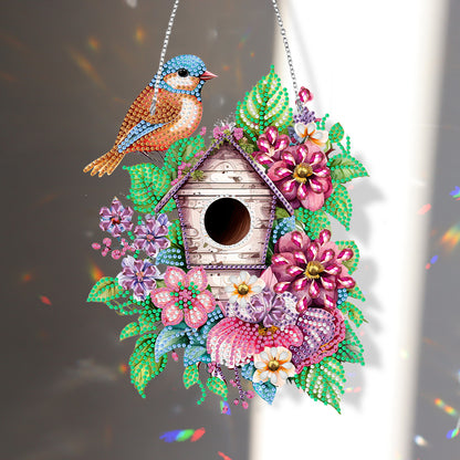 Single Side 5D Diamond Painting Dots Pendant Wall Decor (Flower Bird Cage KJ091)