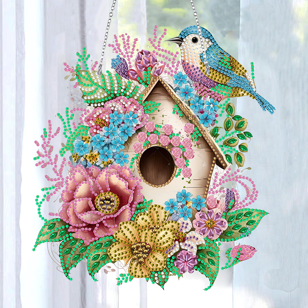 Single Side 5D Diamond Painting Dots Pendant Wall Decor (Flower Bird Cage KJ092)