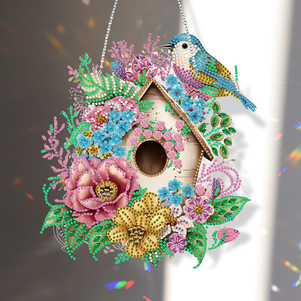 Single Side 5D Diamond Painting Dots Pendant Wall Decor (Flower Bird Cage KJ092)