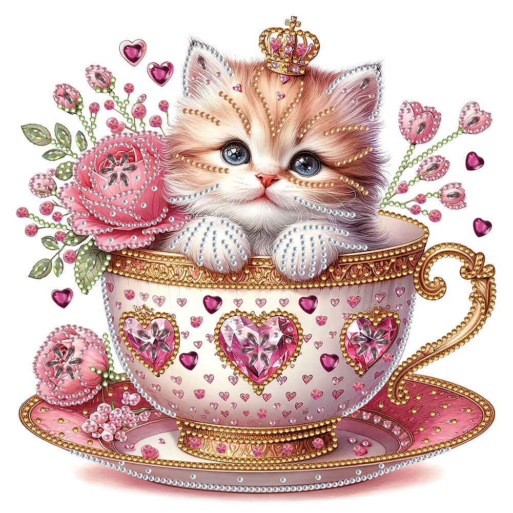 White Cup Kitten - Special Shaped Drill Diamond Painting 30*30CM