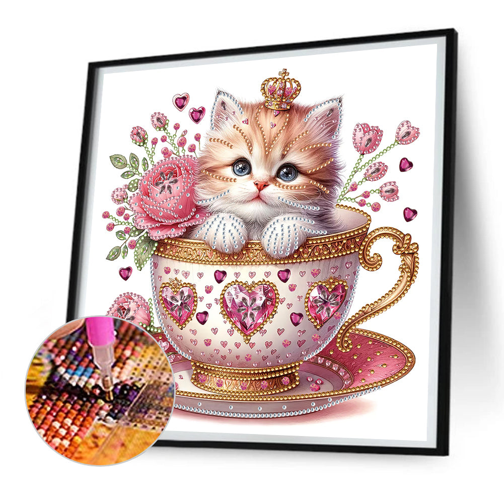 White Cup Kitten - Special Shaped Drill Diamond Painting 30*30CM