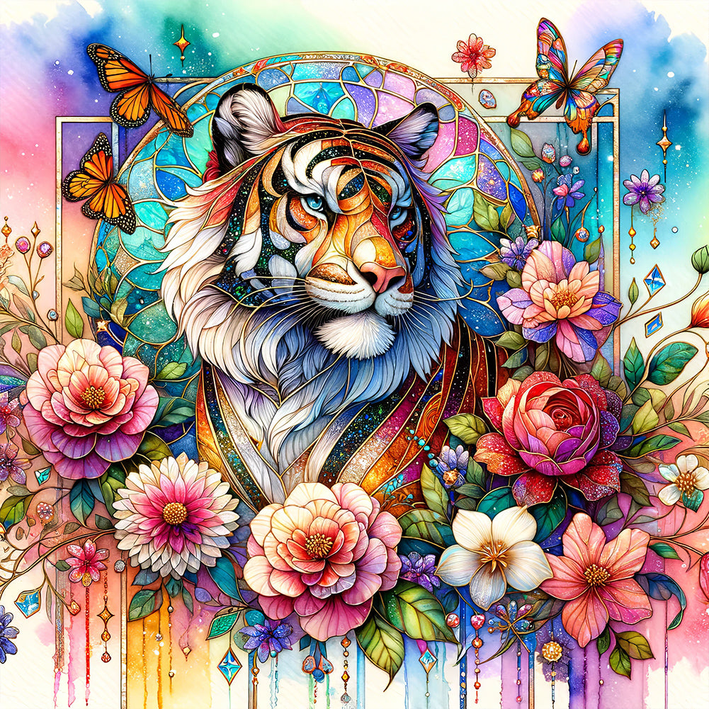 Flower Tiger - Full Round Drill Diamond Painting 30*30CM
