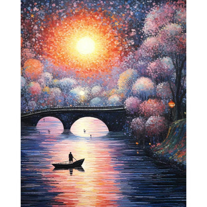 Small Bridge At Sunset And Flowing Water - Full AB Round Drill Diamond Painting 40*50CM