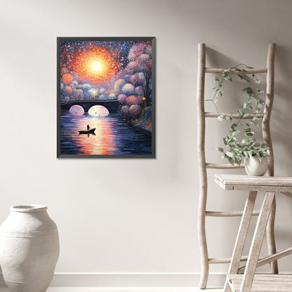 Small Bridge At Sunset And Flowing Water - Full AB Round Drill Diamond Painting 40*50CM