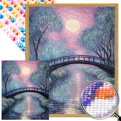 Small Bridge At Sunset And Flowing Water - Full AB Round Drill Diamond Painting 40*50CM