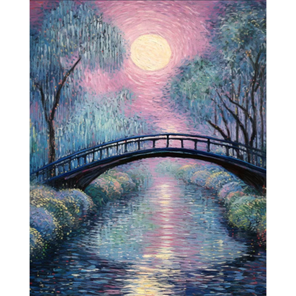 Small Bridge At Sunset And Flowing Water - Full AB Round Drill Diamond Painting 40*50CM