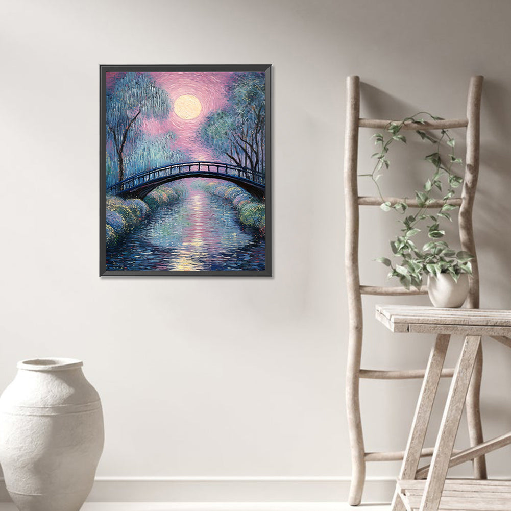 Small Bridge At Sunset And Flowing Water - Full AB Round Drill Diamond Painting 40*50CM