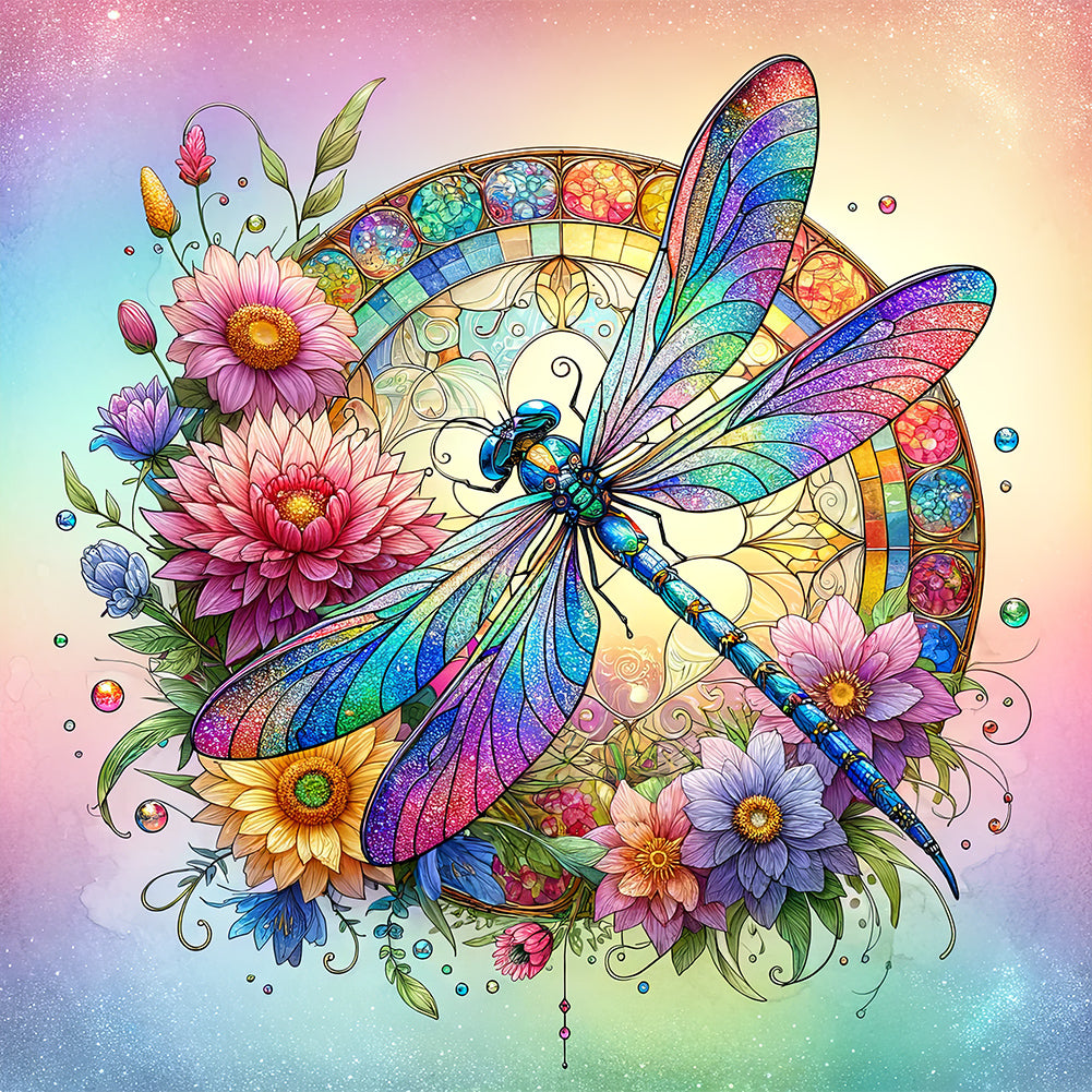 Flowers Dragonfly - Full Round Drill Diamond Painting 30*30CM