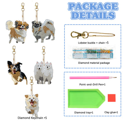 5 Pcs Double Sided Cute Dog Diamond Painting Keychain for Bag Charms Pendant