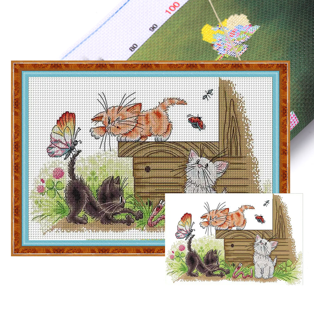 Three Cats Butterfly - 14CT Stamped Cross Stitch 44*29CM