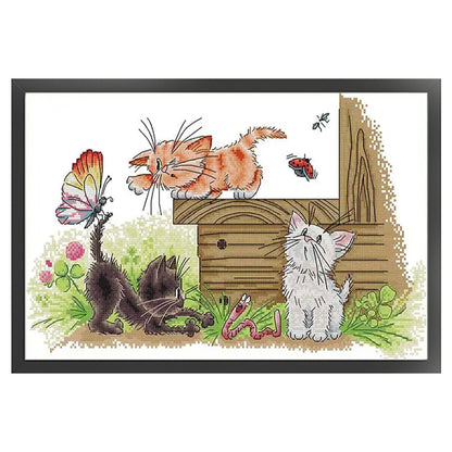 Three Cats Butterfly - 14CT Stamped Cross Stitch 44*29CM