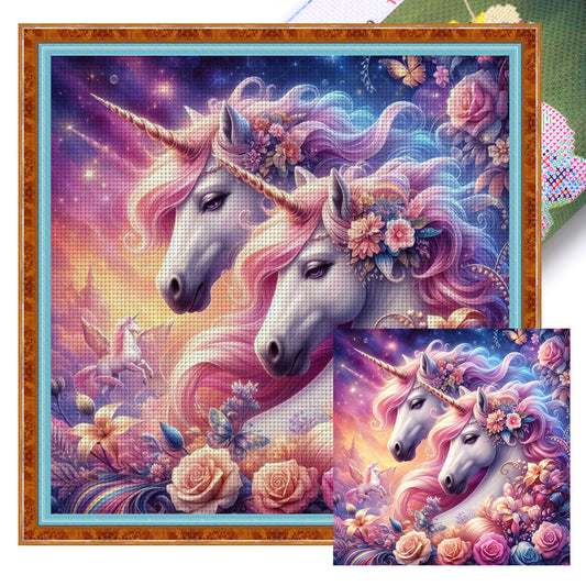 Rose Unicorn - 18CT Stamped Cross Stitch 50*50CM