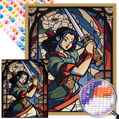 Glass Painting Of Girl With Sword - Full AB Round Drill Diamond Painting 40*50CM