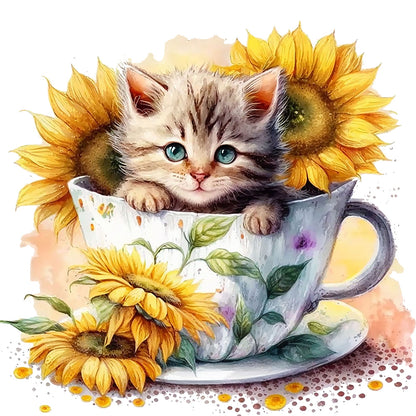 Sunflower Teacup Cat - Full Square Drill Diamond Painting 40*30CM