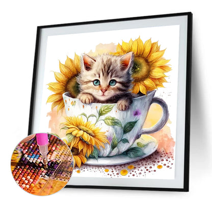 Sunflower Teacup Cat - Full Square Drill Diamond Painting 40*30CM