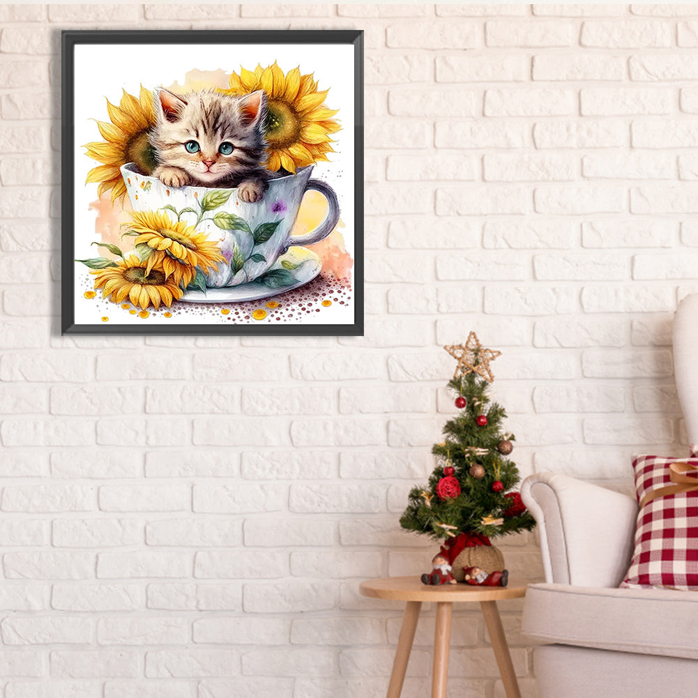 Sunflower Teacup Cat - Full Square Drill Diamond Painting 40*30CM