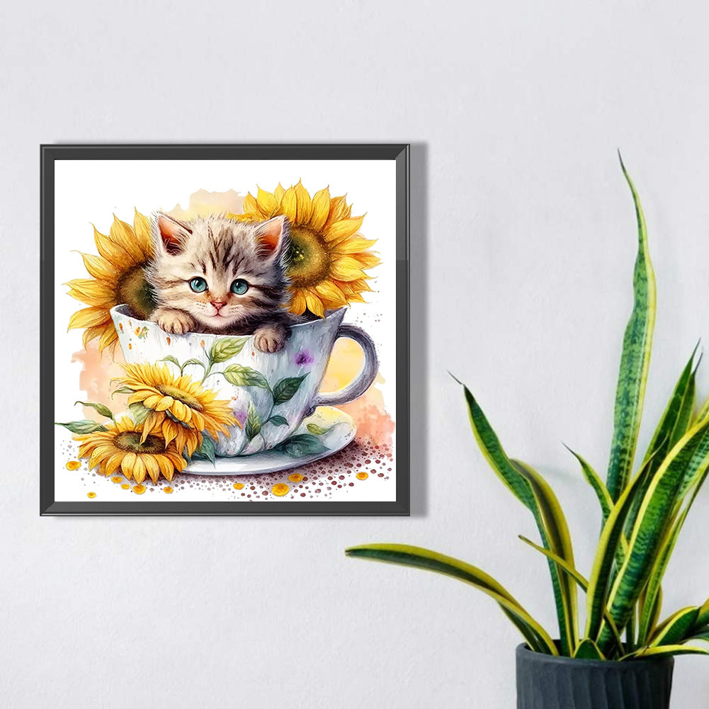 Sunflower Teacup Cat - Full Square Drill Diamond Painting 40*30CM