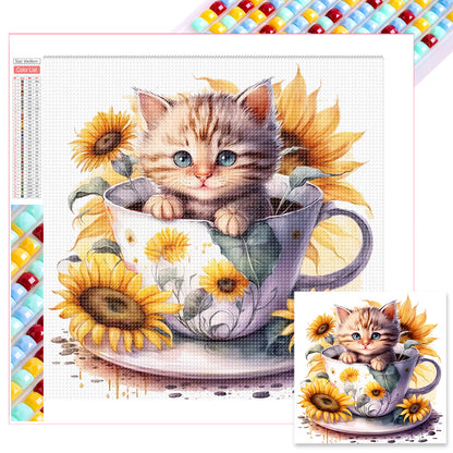 Sunflower Teacup Cat - Full Square Drill Diamond Painting 30*30CM