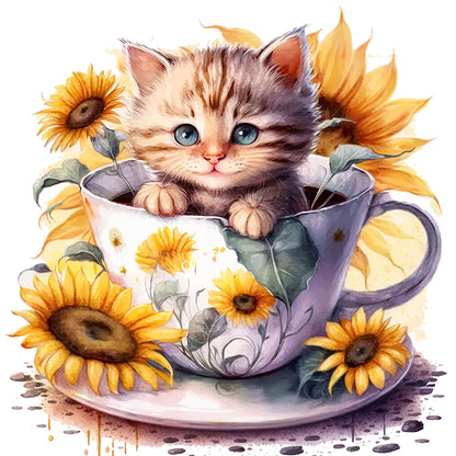 Sunflower Teacup Cat - Full Square Drill Diamond Painting 30*30CM