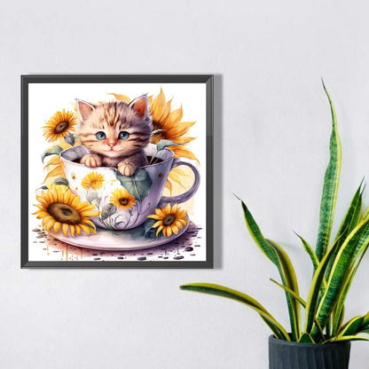 Sunflower Teacup Cat - Full Square Drill Diamond Painting 30*30CM