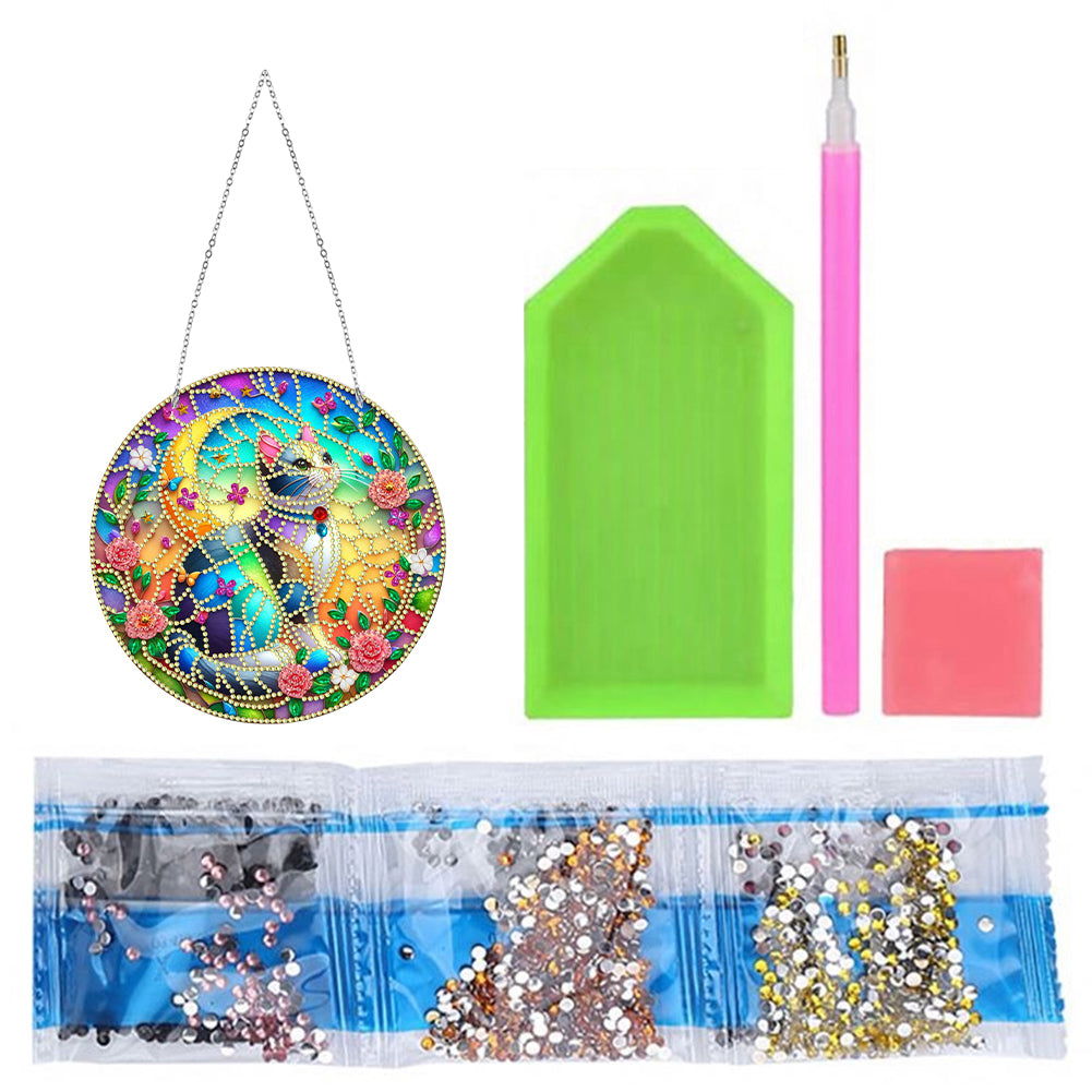 Sun Catcher 5D DIY Diamond Painting Dots Pendant for Office Decor (Flower Cat)