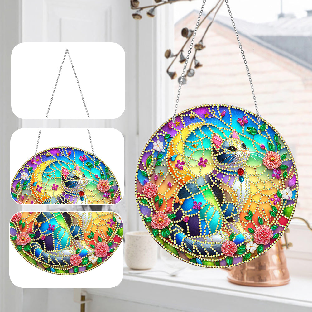 Sun Catcher 5D DIY Diamond Painting Dots Pendant for Office Decor (Flower Cat)