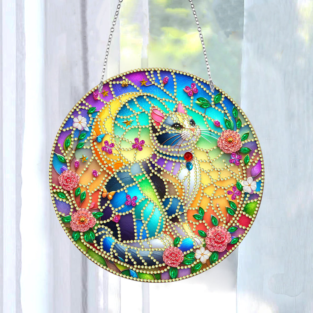 Sun Catcher 5D DIY Diamond Painting Dots Pendant for Office Decor (Flower Cat)