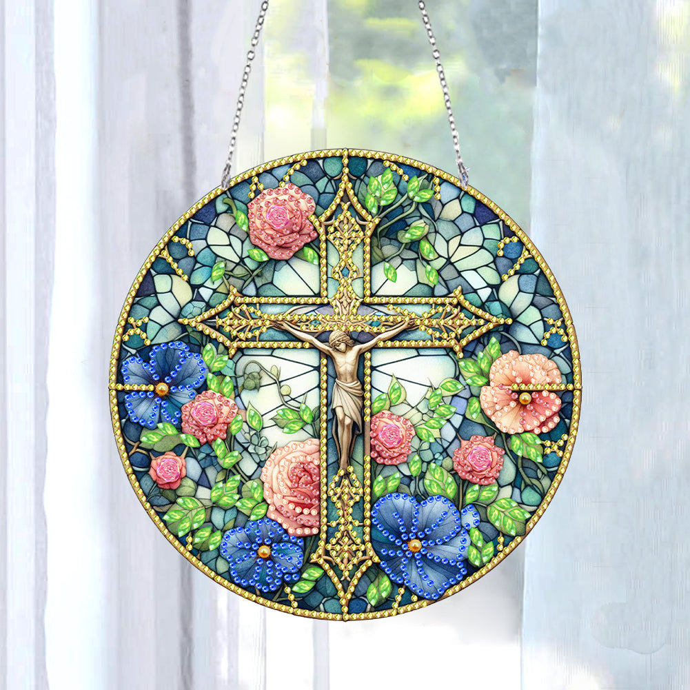 Sun Catcher 5D DIY Diamond Painting Dots Pendant for Office Decor (Jesus Cross)