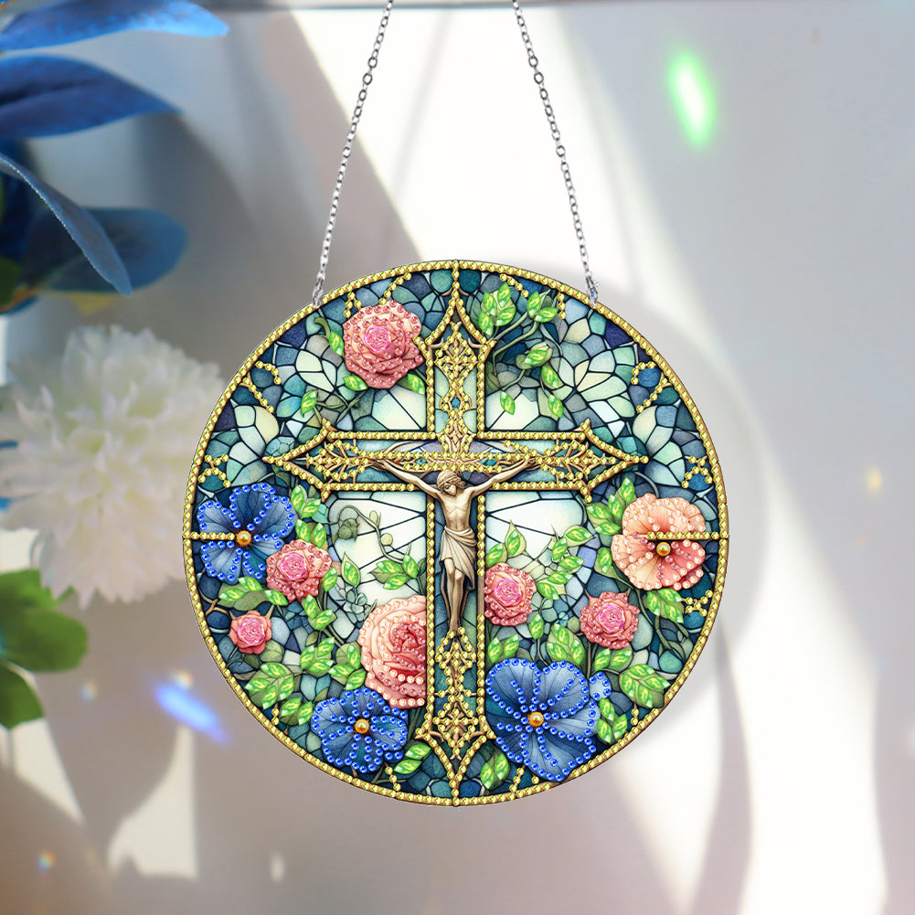 Sun Catcher 5D DIY Diamond Painting Dots Pendant for Office Decor (Jesus Cross)