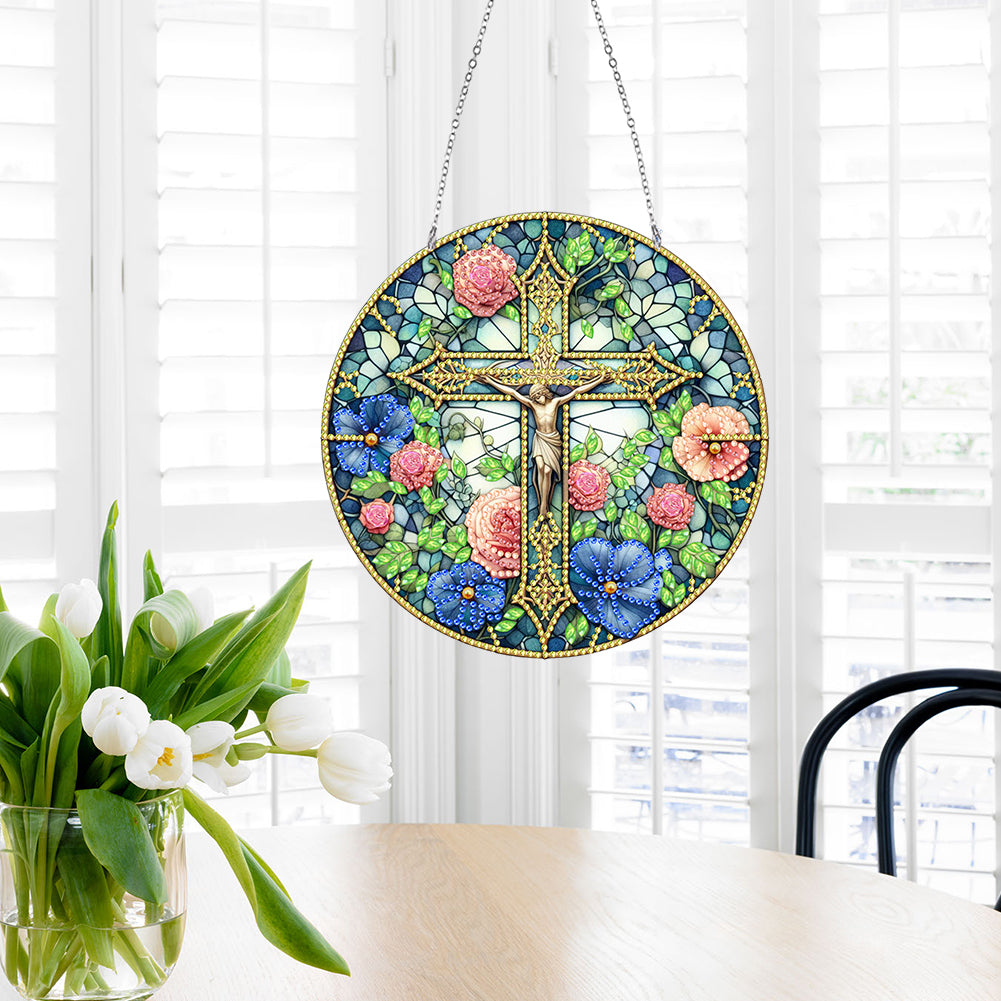 Sun Catcher 5D DIY Diamond Painting Dots Pendant for Office Decor (Jesus Cross)