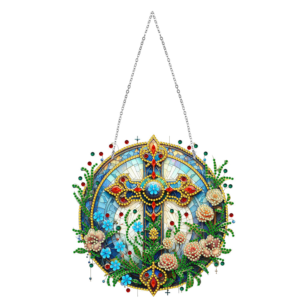 Sun Catcher 5D DIY Diamond Painting Dots Pendant for Office Decor (Flower Cross)