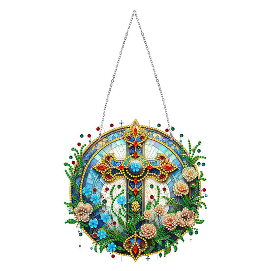 Sun Catcher 5D DIY Diamond Painting Dots Pendant for Office Decor (Flower Cross)