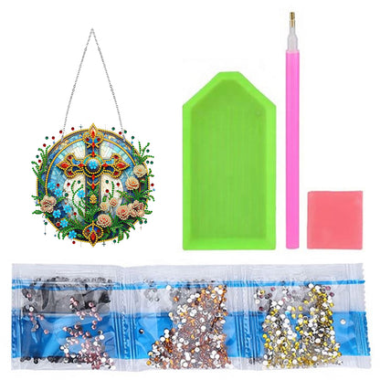 Sun Catcher 5D DIY Diamond Painting Dots Pendant for Office Decor (Flower Cross)