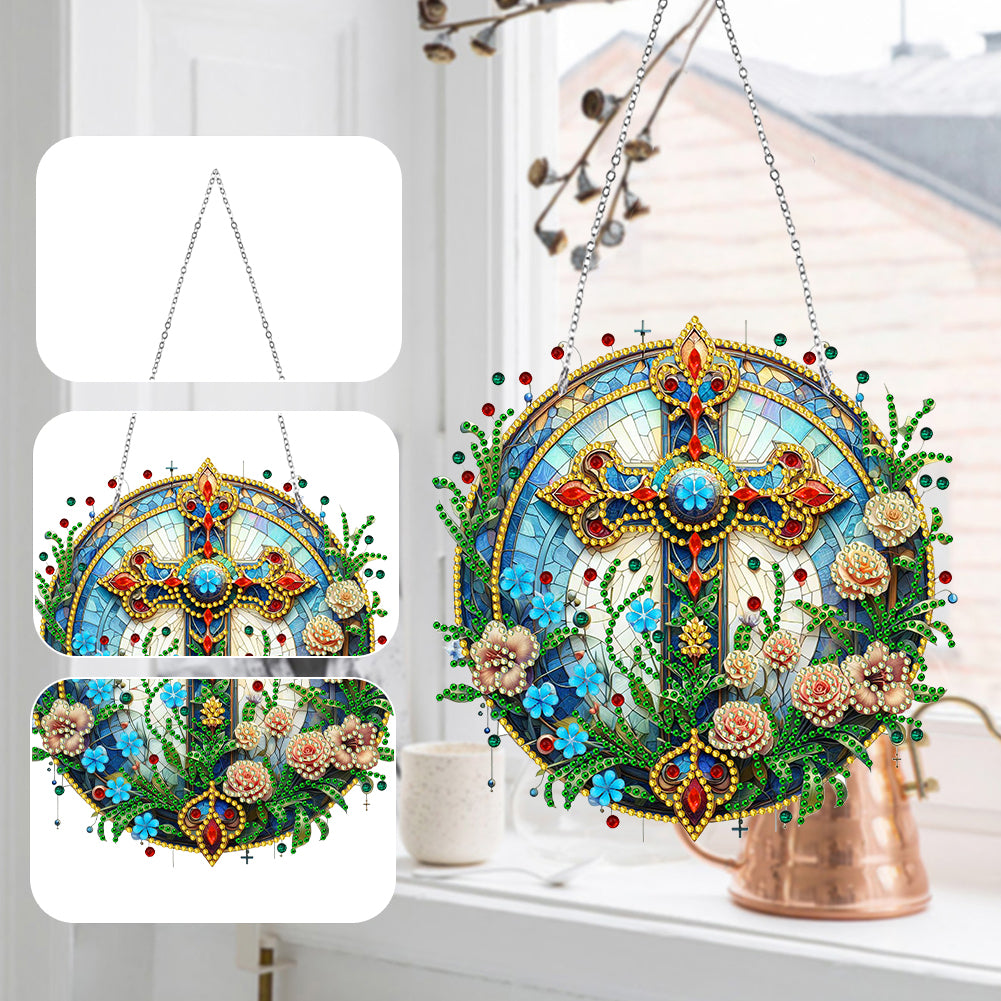 Sun Catcher 5D DIY Diamond Painting Dots Pendant for Office Decor (Flower Cross)