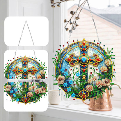 Sun Catcher 5D DIY Diamond Painting Dots Pendant for Office Decor (Flower Cross)