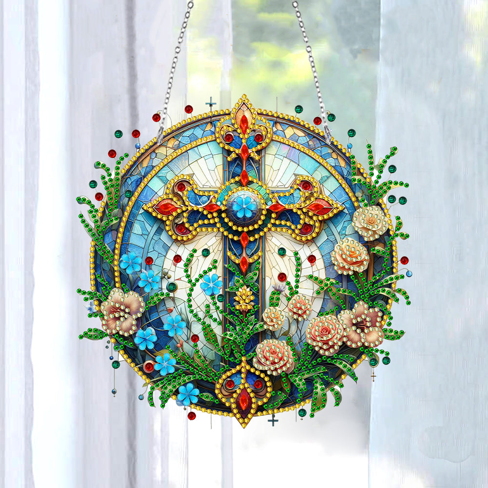 Sun Catcher 5D DIY Diamond Painting Dots Pendant for Office Decor (Flower Cross)