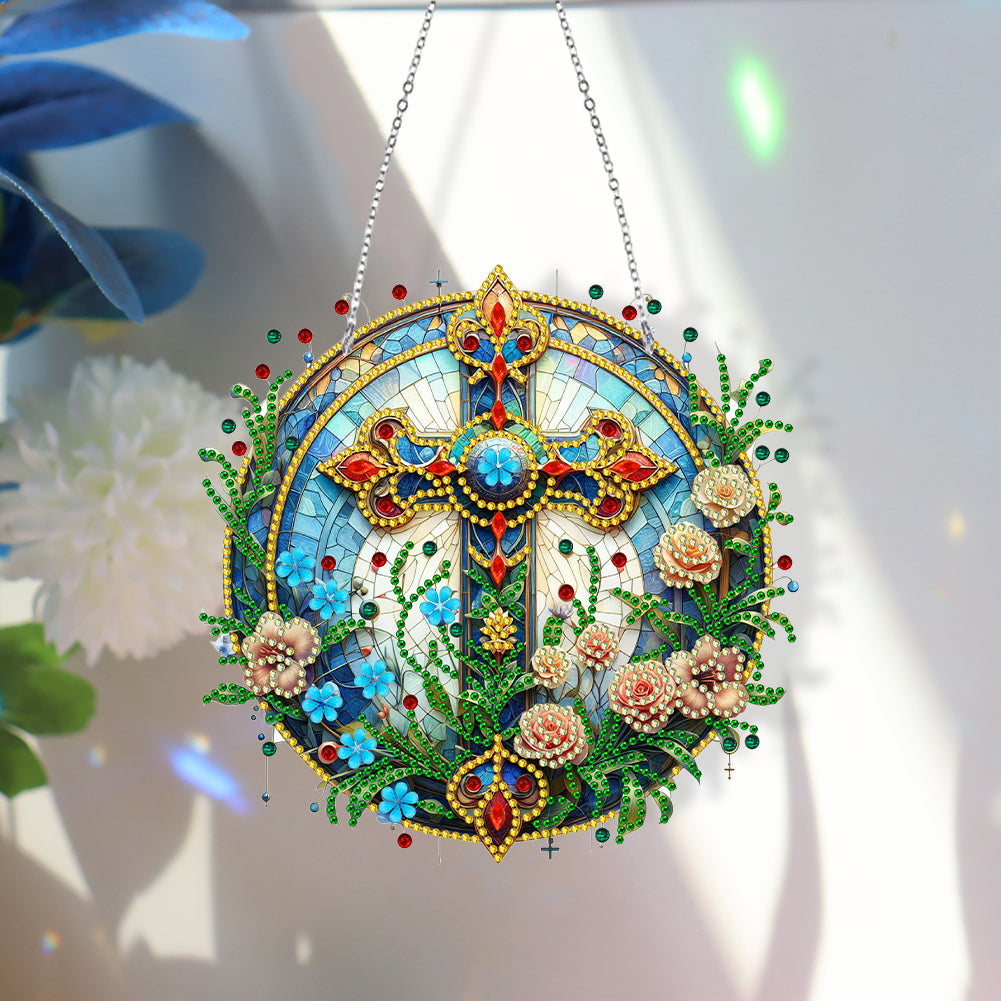 Sun Catcher 5D DIY Diamond Painting Dots Pendant for Office Decor (Flower Cross)
