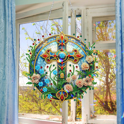 Sun Catcher 5D DIY Diamond Painting Dots Pendant for Office Decor (Flower Cross)