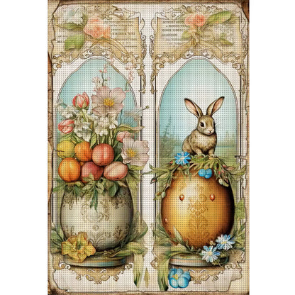 Retro Poster-Easter Eggs Flowers Rabbit - 11CT Stamped Cross Stitch 40*60CM